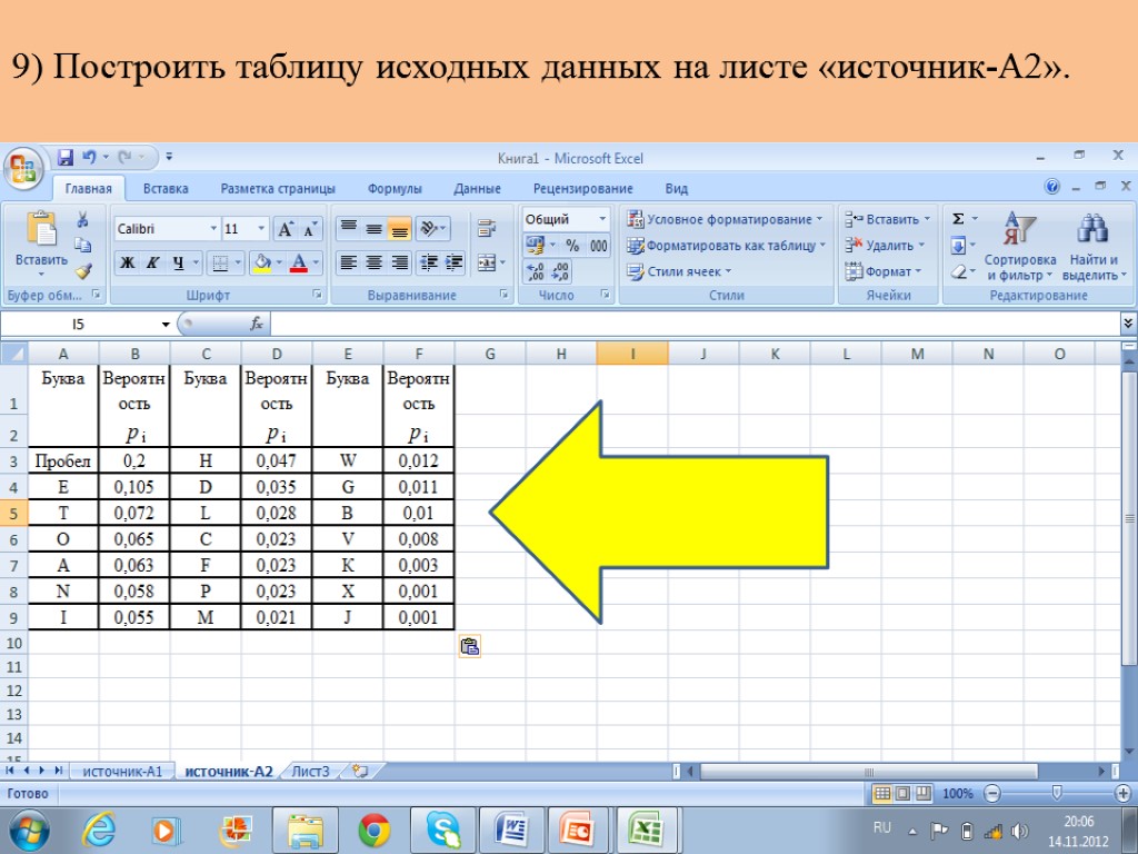 9) Построить таблицу исходных данных на листе «источник-А2».